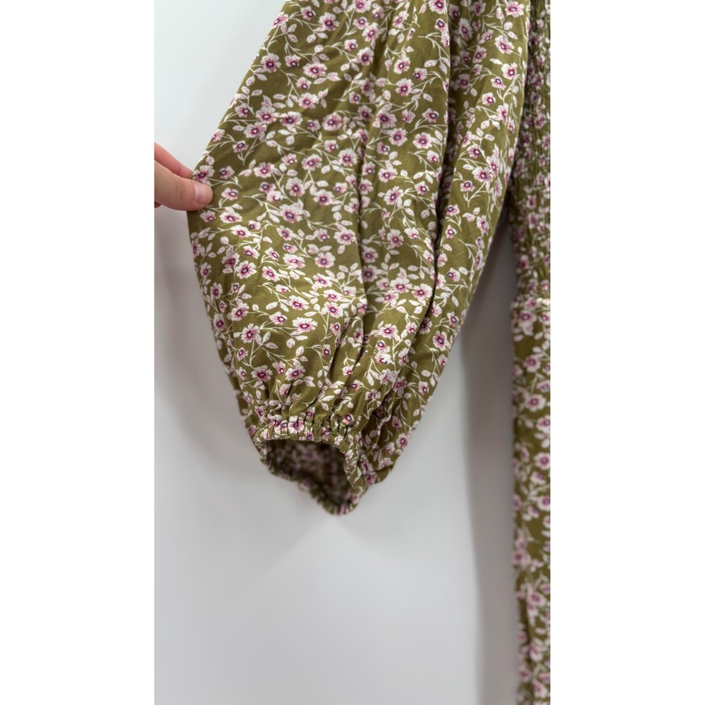 Prairie Dress Womens Small Olive Pink Floral Tiered Midi Cottagecore Puff Sleeve - Picture 9 of 14